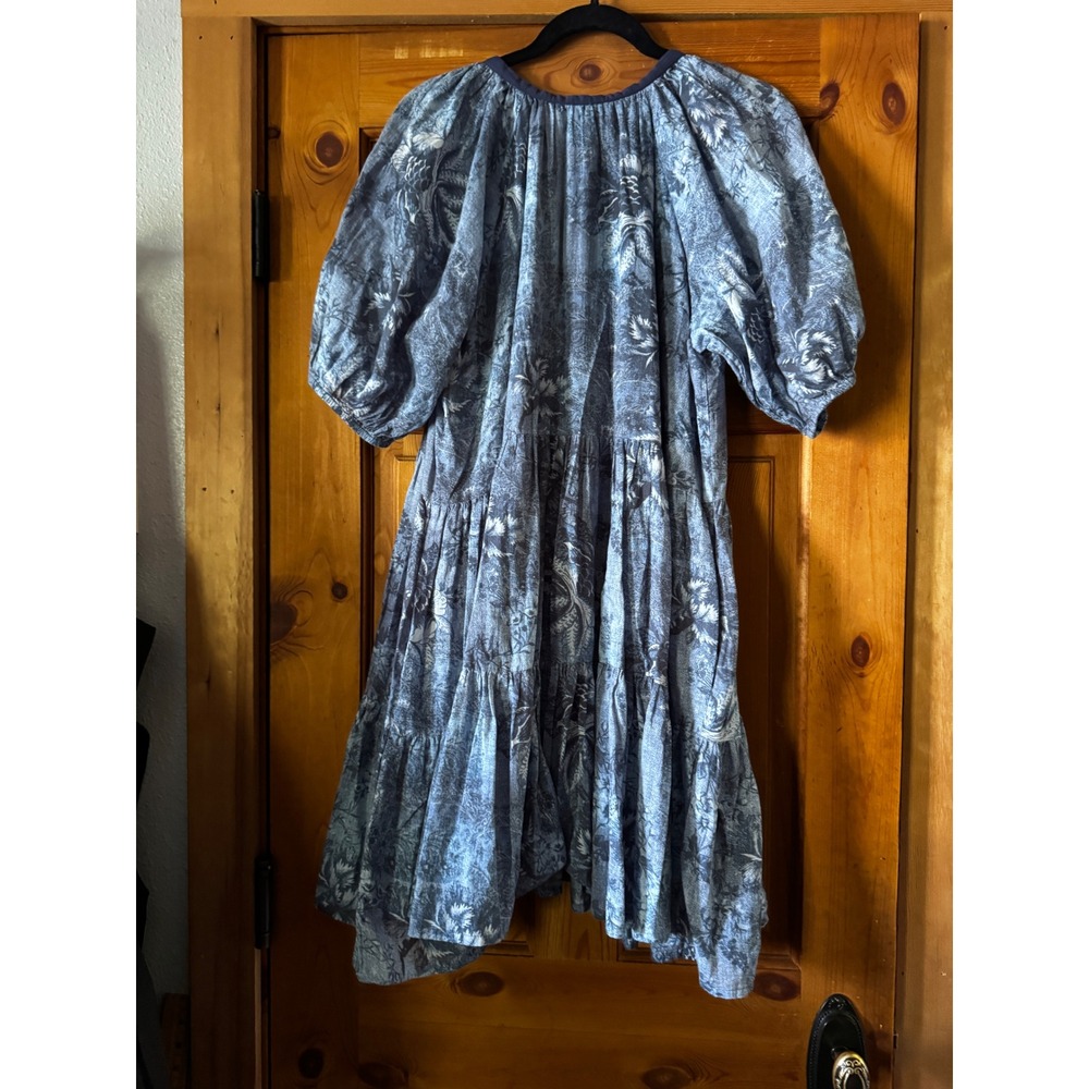 Love Kyla Blue White Toile Cotton Tiered Puff Sleeve Mini Dress Large - Picture 9 of 9